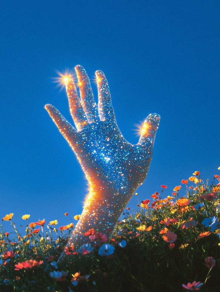 Mano de luz alcanzando el cielo entre flores — conexión sin fronteras