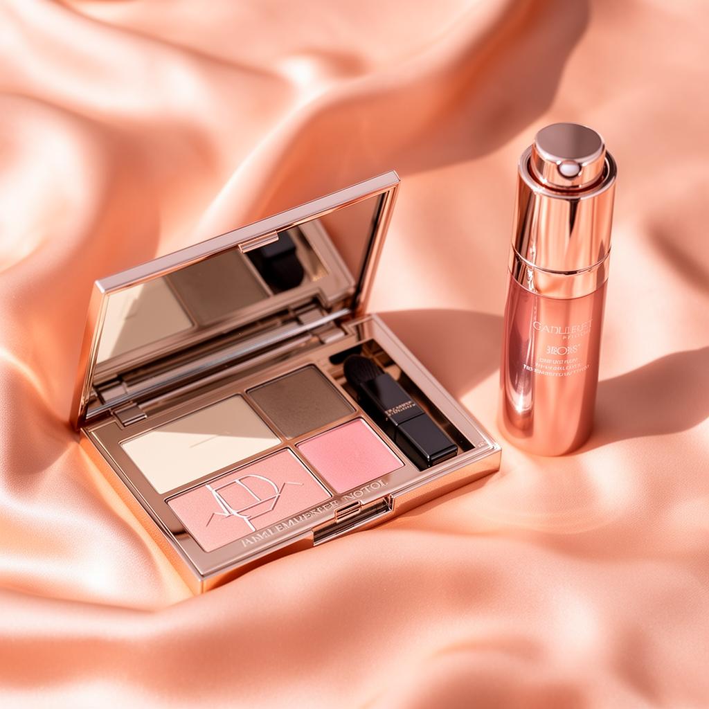 Paleta de maquillaje y sérum facial sobre seda durazno